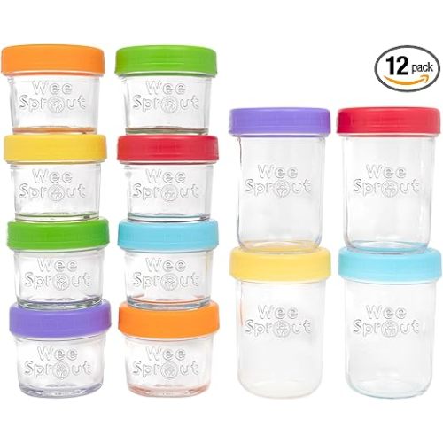 WeeSprout Glass Baby Food Storage Jars - 12 Set, 4 oz/8 oz Baby Food Jars, Plastic Lids, Freezer Storage, Reusable Small Glass Baby Food Containers, Microwave & Dishwasher Safe, for Infant & Baby Food