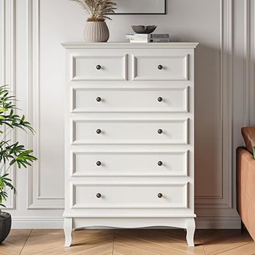 RoyalCraft White 6 Drawer Dresser, Large Storage Chest with Ball Bearing Slide, Tall Chest of Drawers, Modern Wood Dresser for Bedroom, Living Room, Hallway, Entryway, White