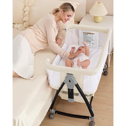 3 in 1 Baby Bassine Crib with Breathable Mesh, Bassinet Bedside Sleeper with Wheels, Mosquito Net, Storage Basket, 6 Height Adjustable, Easy to Fold, Rocking Bassinet for Baby