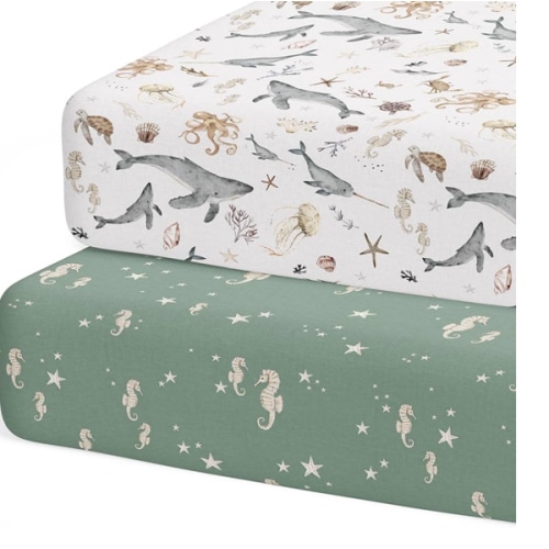 Crib Sheets Neutral - Fitted Baby Crib Sheets Bed for Girl Boy - 2 Pack Standard & Toddler Mattress (Ocean Odyssey) - Buttery Soft Organic Cotton Blend