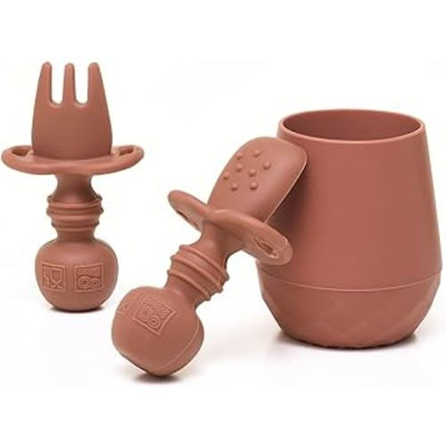 Baby Utensil Set (3 pcs) - Self Feeding Spoons and Tiny Cup - Silicone & BPA Free - Baby Led Weaning (BLW) Supplies - Ages 6+ Months - Terra Cotta