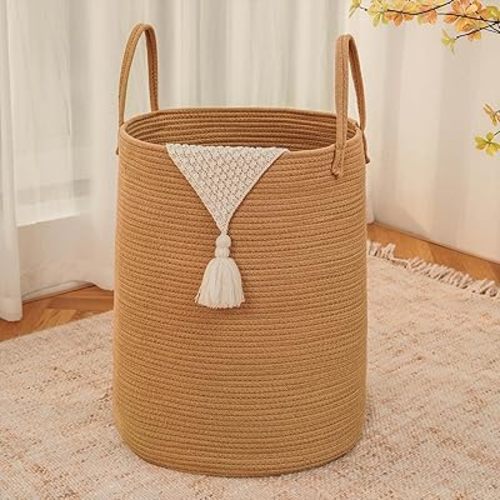 Large Woven Laundry Basket Hamper,80L Cotton Rope Storage Bin for Blankets,Toys and Clothes,Decorative Tall Nursery Hamper for Living Room,Baby Nursery,Bathroom and Bedroom,Golden Jute