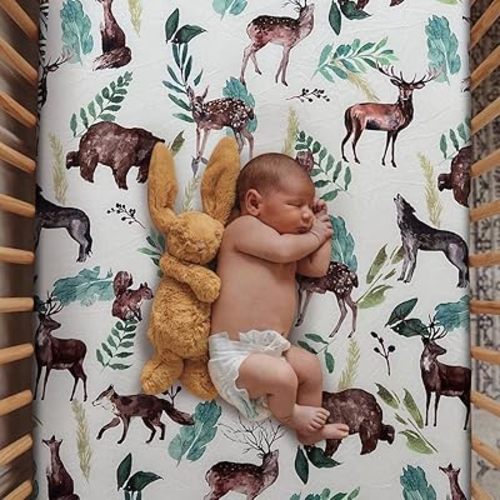 Soft Fitted Crib Sheet, Stretchy and Breathable Toddler Crib Sheet for Boys and Girls, Fits Standard Crib and Toddler Mattress (Elk Brown Bear)