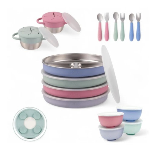 Stainless Steel Mealtime Bundle | Sucton Sleeves | Plates, Bowls, Snack Cups + Toddler Utensils | 16 Pcs