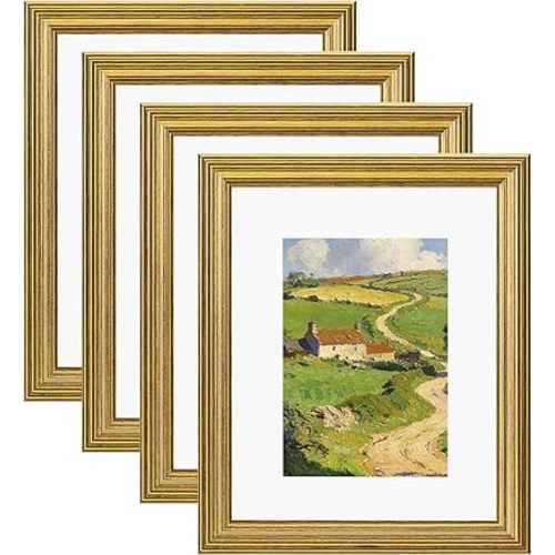 eletecpro 8x10 Gold Picture Frames Set of 4, Vintage Photo Frames with Clear Acrylic Cover, Gallery Wall Art Display 5x7 Photo with Mat or 8x10 without Mat for Tabletop and Wall Mount, Home Decor