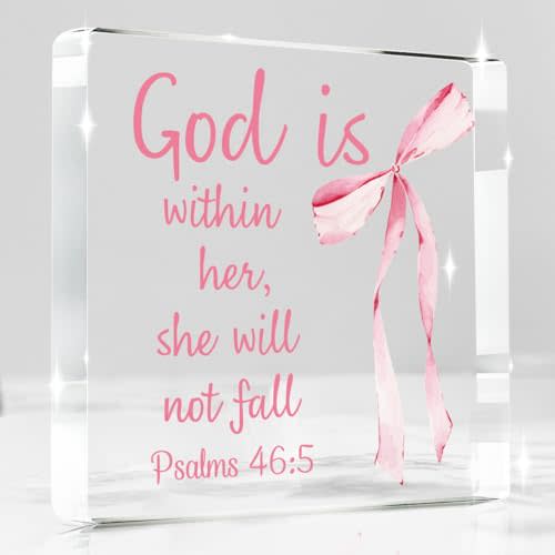 Pink Bow Room Decor, Inspirational Bible Verse Quotes, Christian Gifts for Women, Coquette Aesthetic Bow Dorm Decoration, Office Decor for Women, Acrylic Office Desk Accessories Decoration-Psalm 46:5