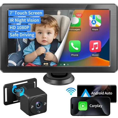 7" HD Touchscreen Baby Car Camera - Car Baby Monitor with Apple CarPlay, 1080p Ultra Night Vision, Invisible Infrared Lights, 150° Wide Angle, Easy Installation, Fits Most Cars