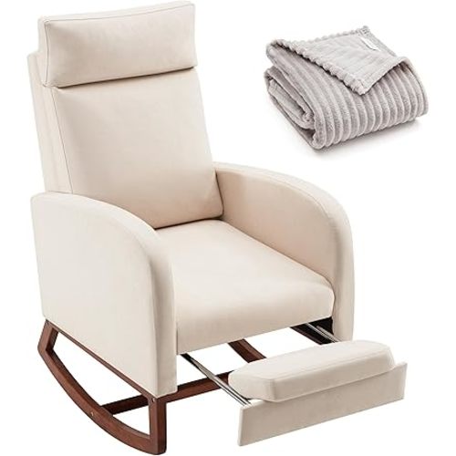 Nursery Rocking Chairs with High Back, Rocking Chair Nursery Chair with Foot Rest, Baby Nursery Glider Rocker, Nursing Chair, Glider Rocking Accent Living Room Beige with Blanket
