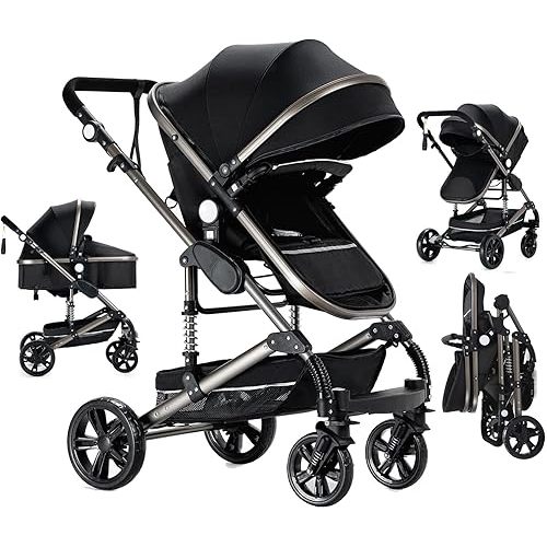 2 in 1 Baby Stroller with Bassinet, Convertible Reversible Infant Bassinet Stroller, Newborn Travel Pram with One-Click Folding, Toddler Standard Carriage (2USXR012-B)