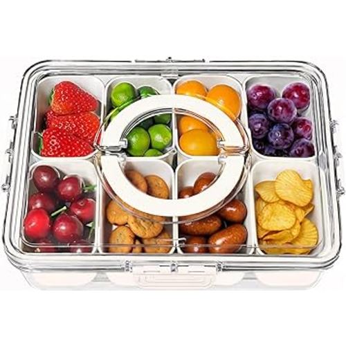 Divided Serving Tray with Lid and Handle - Portable Snackle Box Charcuterie Container, Clear Snack Platter Organizer for Fruits, Candy, Nuts, Snacks - Ideal for Party, Travel & Picnics