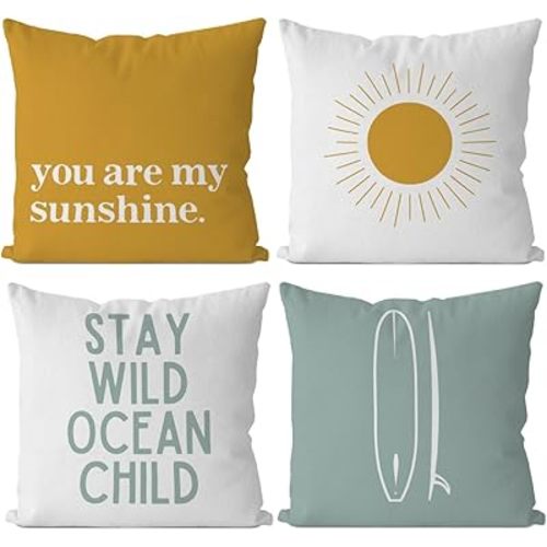 IWXYI Boho Surf Positive Stay Wild Ocean Child Throw Pillow Cover 18x18 Inch Set of 4,Coastal Boy Sunshine Cushion Pillow Cover Nursery Decoration,Beach Surf Decorative Pillowcase for Nursery Decor