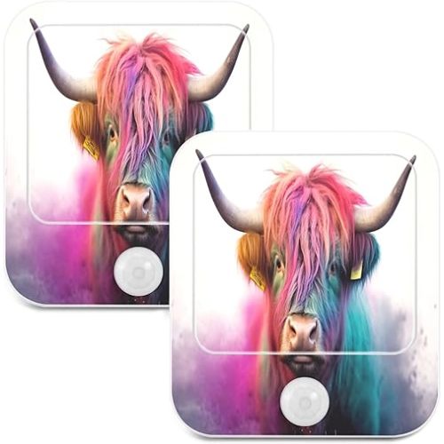 Qilmy Highland Cow Night Light Plug into Wall 2 Pack Plug-in LED Nightlights with Auto Dusk to Dawn Sensor Warm White Light Perfect for Kids Room Bedroom Kitchen Hallway Stairs