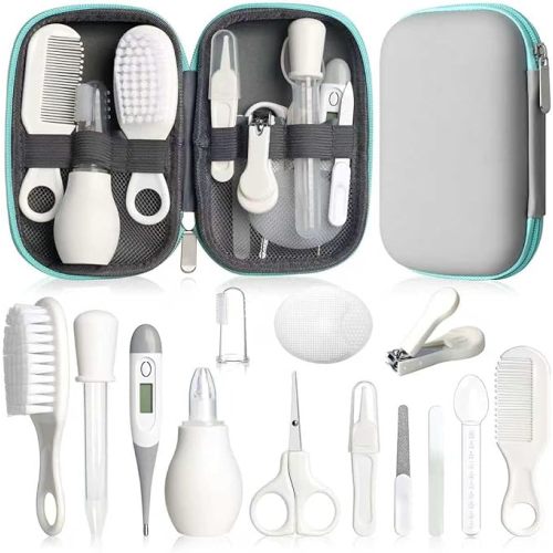 Baby Grooming Kit, Infant Safety Care Set with Hair Brush Comb Nail Clipper Nasal Aspirator,Baby Essentials Kit for Newborn Girls Boys (Grey White)