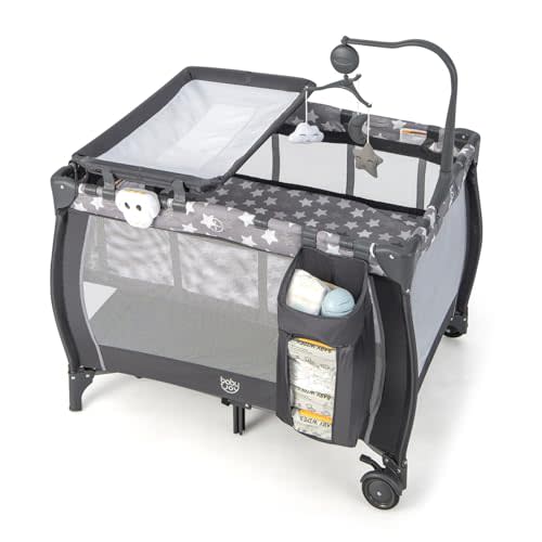 Costzon 3 in 1 Pack and Play with Bassinet, Portable Baby Playard with Changing Table, Music Box, Whirling Toys, Wheels/Brake, Basket, Bag, Foldable Infant Bassinet for Baby Toddlers Indoor Outdoor