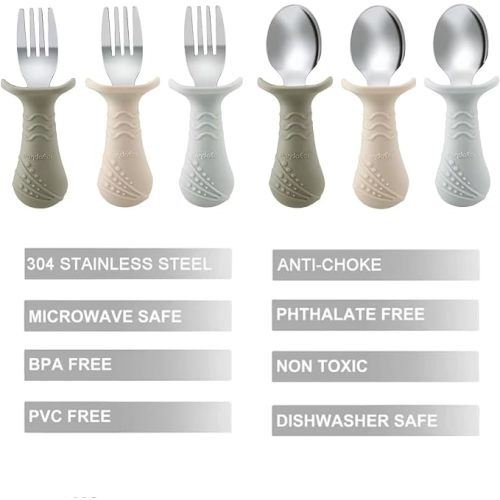 PandaEar Baby Toddler Fork and Spoon Utensil Set, 6 Pack Silicone Stainless Steel Silverware Spoon Fork for Babies Toddler, BPA Free with Silicone Holding Anti-Choke Design (Light Tan&Walnut&Grey)