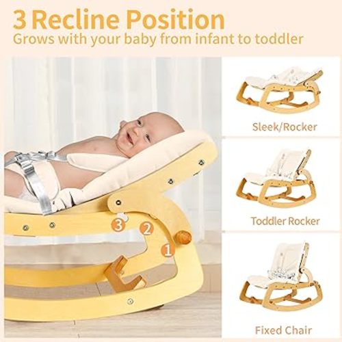 3-in-1 Baby Bouncer, Adjustable Wooden Rocker Chair Recliner with Removable Cushion and Seat Belt for Infant to Toddler (Beige)