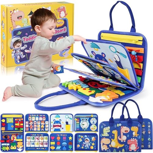Montessori Busy Board Boy, Toddler Toys for 1 2 3+ Year Old Boy, Toddler Busy Book Educational Learning Sensory Activity Toys for Road Airplane Travel Toys for Kids with Autism