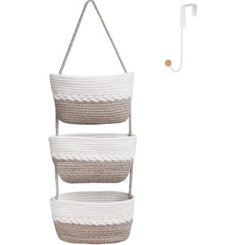Over the Door Hanging Basket for Organizing 3 Tiers Woven Cotton Rope Wall Mount Storage basket Decorative Kitchen Hanging Organizer Bathroom include 1door hook MixedBrown