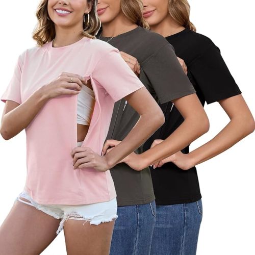 Ecavus Women's 3-Pack Nursing Shirts for Breastfeeding with Hidden Zippers Loose Fit Maternity Tops