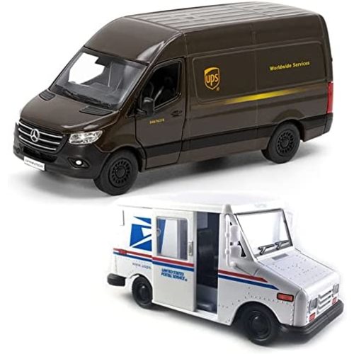 📦 UPS Mercedes-Benz Sprinter + 📬 United States Postal Mail Truck Grumman LLV 5 Inch Die Cast Metal Model Toys SetOf2