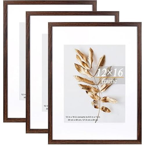 Set of 3 12x16 Picture Frame Brown can Display 8.5x11 Picture with Mat or 12x16 Without Mat on the Wall