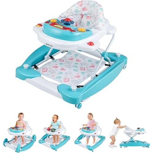HONEY JOY Baby Walker, 6-in-1 Foldable Baby Walker and Bouncer Combo, Infant Activity Walker with Wheels, Adjustable Heights, Rocker, Music, Lights, Walker for Baby Boy Girl 7-14 Months (Green)