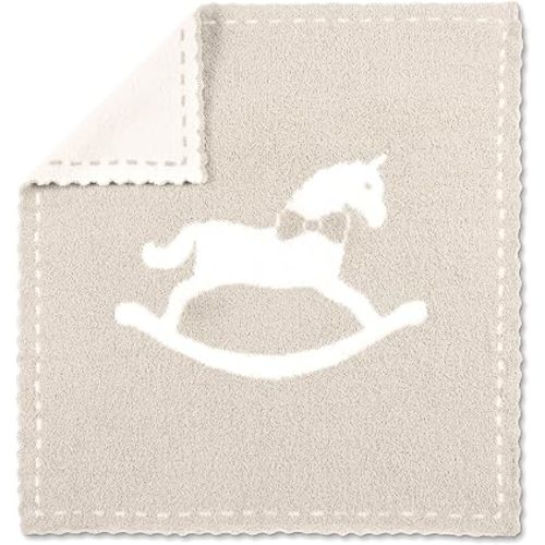 Scalloped Baby Receiving Blanket 30x32 Inches Rocking Horse Soft & Cosy Blanket Bow Tie Horse Design for Bed Sofa Home Decoration Stone & White