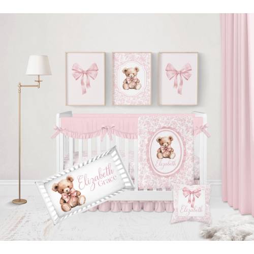 Teddy Bear Crib Bedding Set Girl, Pink Toile Crib Bedding, Vintage Floral Baby Bedding Crib Sets Girl, Pink Bow Nursery Decor, Coquette Baby