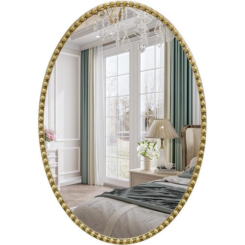 Vintage Gold Oval Bathroom Mirror, 22x30 Inch Beaded Oval Mirrors