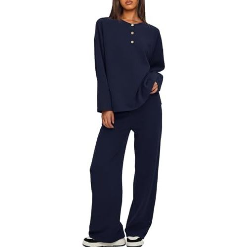 Darong Two Piece Outfits for Women Fall Lounge Sets Button Down Sweatshirt Wide Leg Pants Sweatsuits Set with Pockets