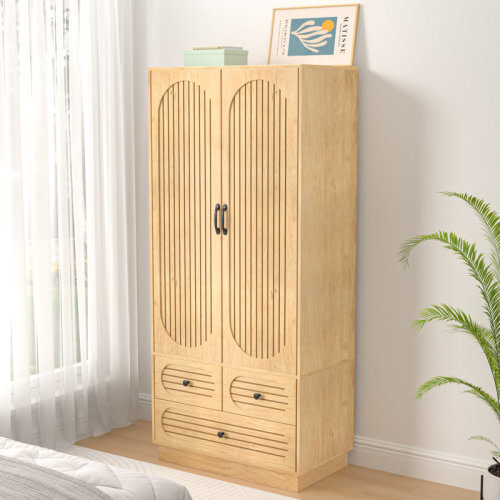 Millwood Pines Armoire Wardrobe Closet, Wardrobe Armoire With 3 Drawers And 2 Fluted Doors, Wardrobe Cabinet With Shelves And Hanging Rod, Freestanding Armoire Cabinet & Reviews | Wayfair