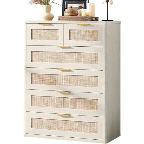 LEYAOYAO White Dresser for Bedroom, 41" Tall Chest of Drawers, Modern 6 Drawers Boho Rattan Dressers with Storage, Dresser Wooden Closet Organizer for Living Room, Hallway