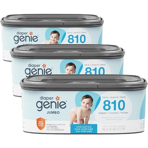 Diaper Genie Jumbo Square Refill, with Continuous Film, can Hold up to 810 Newborn-Sized Diapers per Refill.