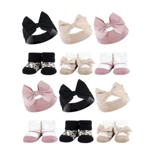 Hudson Baby Infant Girl 12pc Headband And Socks Giftset, Taupe Pink, One Size