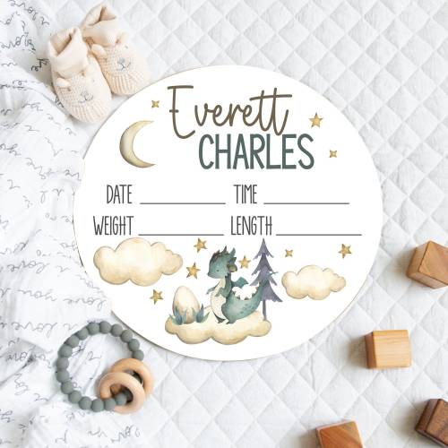 Dragon Nursery, Dragon Baby Birth Stats Sign, Fairytale Dragon Baby Name Sign, Baby Boy Birth Announcement, Round Wood Baby Sign, Dragon Art