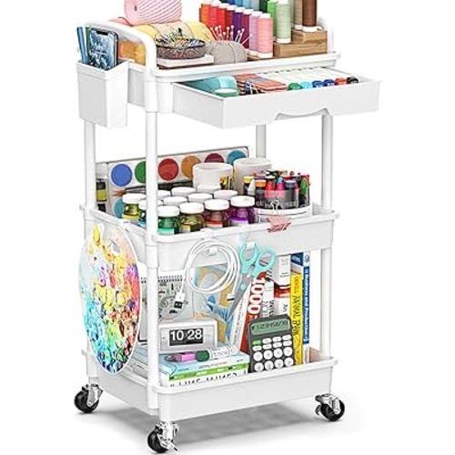 3 Tier Rolling Cart with Drawer, Bathroom Storage Organizer with 2 Lockable Wheels, Multifunctional Rolling Storage Cart for Bathroom, Kitchen, Office, Craft, Makeup, Baby Essentials, White