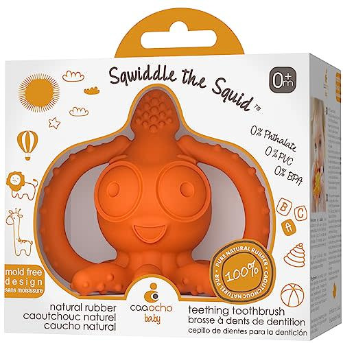CaaOcho Pure Natural Rubber Teething Gum Massager Baby Toy & Bath Toy - Squid Teether for Babies, Sealed Hole, BPA Free Baby Toy, Hole Free Molar Teether Toy, All Natural Bath Toy