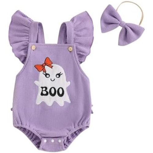 Infant Newborn Baby Girl Halloween Outfits Cute Ghost Embroidery Ruffle Sleeve Romper Headband Waffle Clothes Set