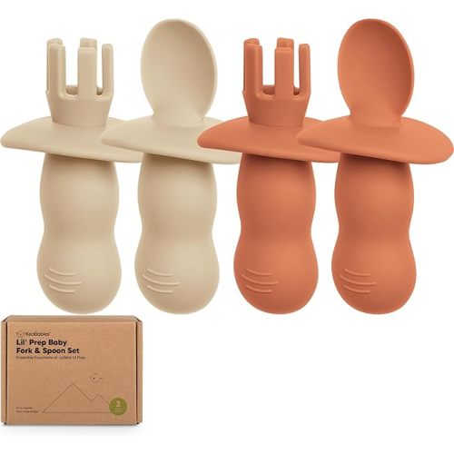 KeaBabies 4-Pack Silicone Baby Spoons and Forks Set - Baby Spoon Self Feeding, BLW Baby Utensils 6-12 Months, Baby Led Weaning Feeding Spoon,Teething Infant Baby First Food Training Spoon (Terracotta)
