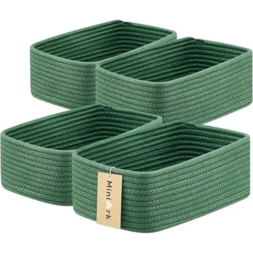 Shelf Storage Baskets for Organizing | Closet Organizer Bins | Small Toy Basket | Woven Rope Baskets | Cube Decorative Box | Shallow Basket | 11.5x7.5x4.7” | 4 Packs Green