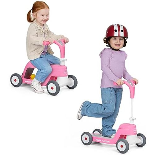 Radio Flyer Scoot 2 Scooter, Blue/Red/Pink, for Kids Ages 1-4, Ride On Toy or 4-Wheel Kids Scooter, Durable Wheels and Frame, Converts Easily with Flip Deck, Toddler Ride On Toys (Amazon Exclusive)
