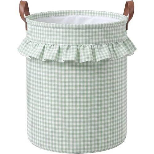 Green Gingham Laundry Basket Ruffled Checkered Laundry Hamper
