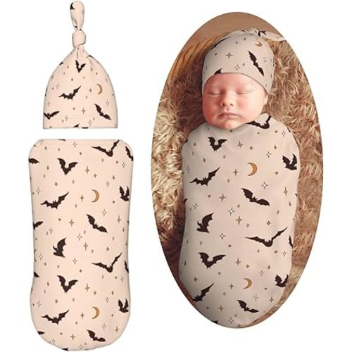 Halloween Bat Newborn Swaddle Blankets Hat Sets Soft Baby Receiving Blanket Swaddle Sack for Baby Shower Infant Boy Girl Gift