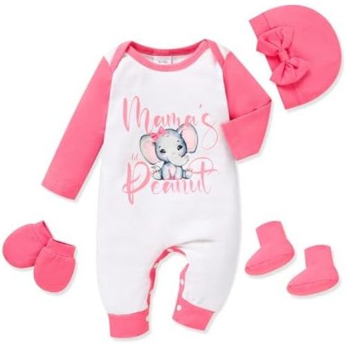 Sinhoon Newborn Baby Girl Romper Infant Letter Print Bodysuit Jumpsuit+Hat+Gloves+Socks 4Pcs Coming Home Clothes Outfit