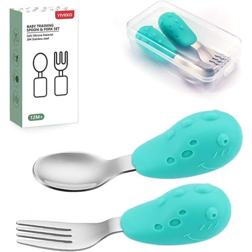 Baby Fork and Spoon Set with Carry Case Baby Training Utensils Self Feeding Toddler Silverware Silicone and Stainless Steel Kids and Toddler Utensil Set-Dinosaur