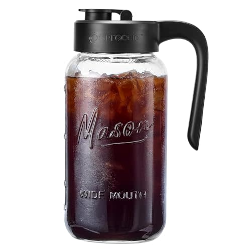 Spreccio Mason Jar Pitcher - Airtight & Leakproof Glass Pitcher with Lid, Perfect for Breastmilk, Cold Brew, and Sun Tea, 2 Quart (64 oz) 1/2 Gallon Mason Jar with Pour Spout Lid