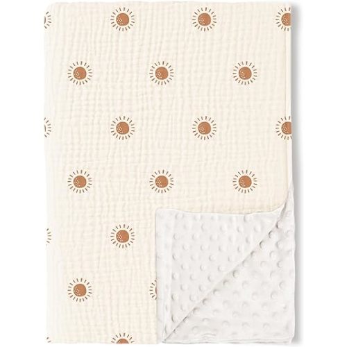 Konssy Baby Blankets for Unisex Boys Girls, Super Soft Nursery Minky Blankets with Muslin Cotton Front and Dotted Fleece Backing, Printed Bed Throws Newborn(Warm Sun)