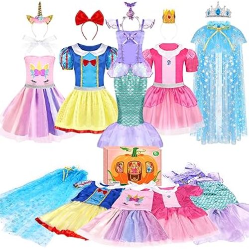 Princess Dress Up, Toddler Dress Up Clothes, Role Play Princess Costume Gift Set with Princess Dresses and Princess Toys, Cosplay Pretend Play Toys for Girls Aged 3-6 Birthday Party Gifts