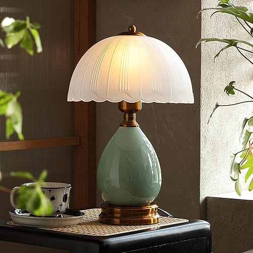 Vintage Table Lamp for Bedroom Room,16" Modern Ceramic Bedside Lamp,Retro Stone Lamps for Living Room End Tables,Chinoiserie Classic LED Living Room Lamp for Family Dining Room (LD001)