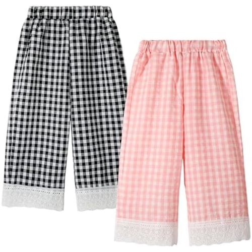 Miipat Toddler Girls Wide Leg Pants Elastic Waist 2 Pack Gingham Pants Kids Loose Checkered Plaid Lace Bottoms